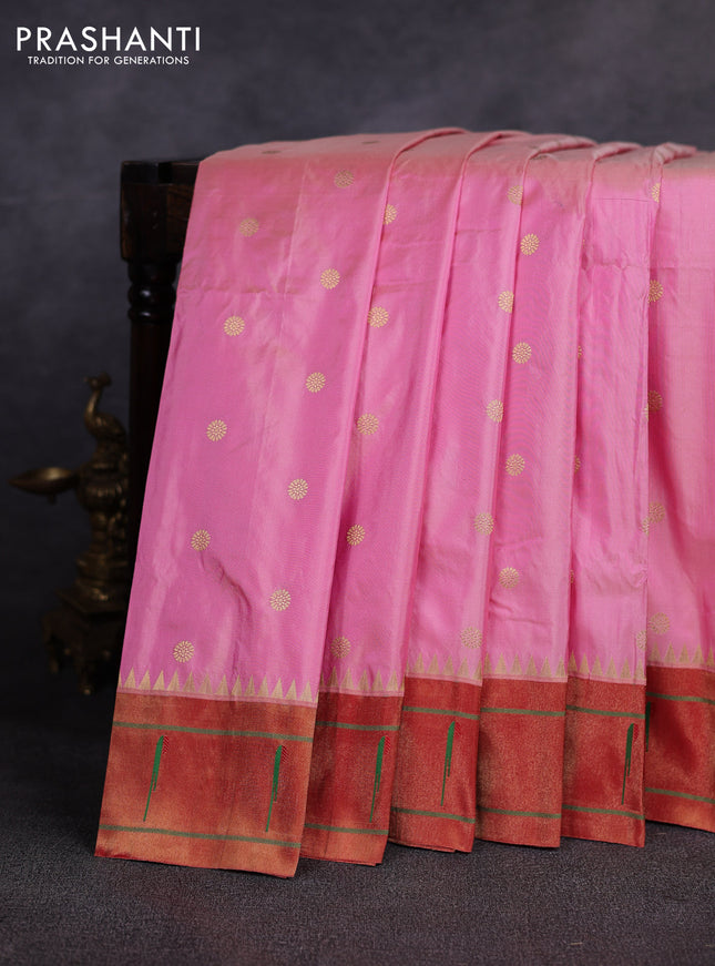 Pure paithani silk saree peach pink and red with allover zari woven buttas and zari woven muniya butta border