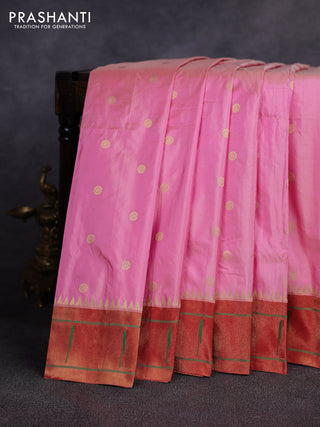 Pure paithani silk saree peach pink and red with allover zari woven buttas and zari woven muniya butta border