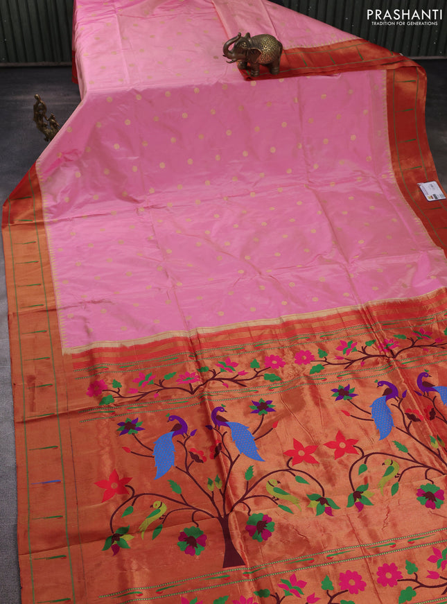 Pure paithani silk saree peach pink and red with allover zari woven buttas and zari woven muniya butta border