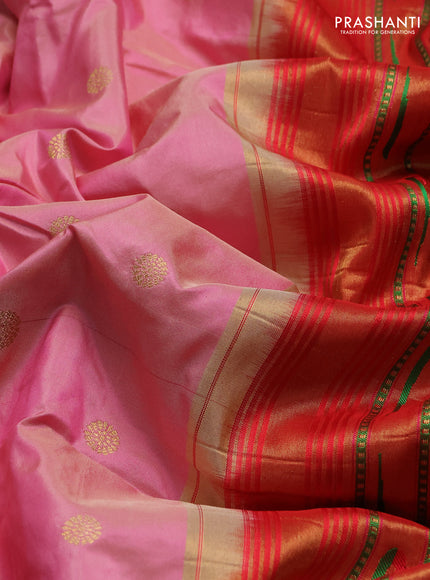 Pure paithani silk saree peach pink and red with allover zari woven buttas and zari woven muniya butta border