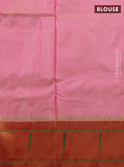 Pure paithani silk saree peach pink and red with allover zari woven buttas and zari woven muniya butta border