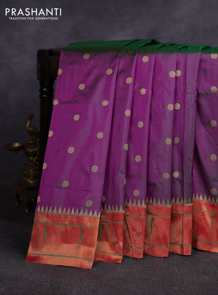 Pure paithani silk saree dual shade of purple and red with allover zari woven buttas and zari woven muniya butta border