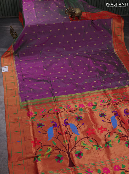 Pure paithani silk saree dual shade of purple and red with allover zari woven buttas and zari woven muniya butta border