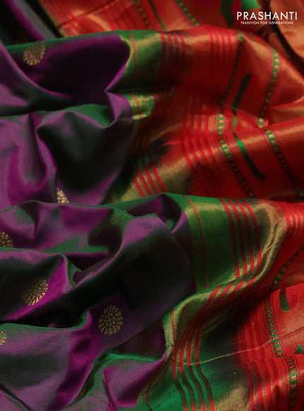 Pure paithani silk saree dual shade of purple and red with allover zari woven buttas and zari woven muniya butta border