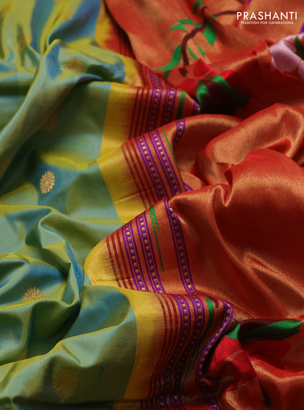 Pure paithani silk saree dual shade of teal green and red with allover zari woven buttas and zari woven muniya butta border