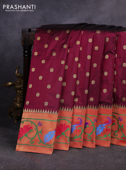 Pure paithani silk saree deep wine shade and red with allover zari woven buttas and paithani weaving pallu