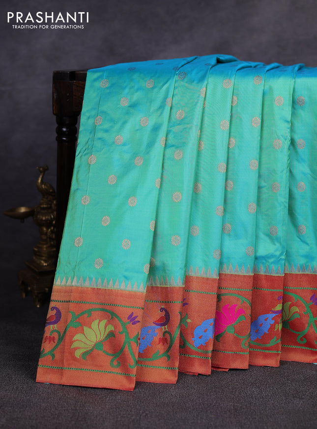 Pure paithani silk saree teal blue and red with allover zari woven buttas and paithani weaving pallu