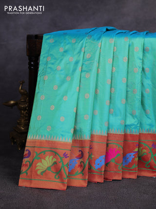 Pure paithani silk saree teal blue and red with allover zari woven buttas and paithani weaving pallu