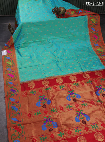 Pure paithani silk saree teal blue and red with allover zari woven buttas and paithani weaving pallu