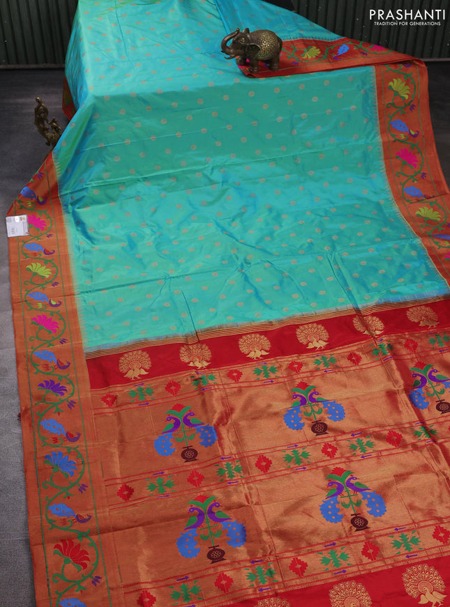 Pure paithani silk saree teal blue and red with allover zari woven buttas and paithani weaving pallu