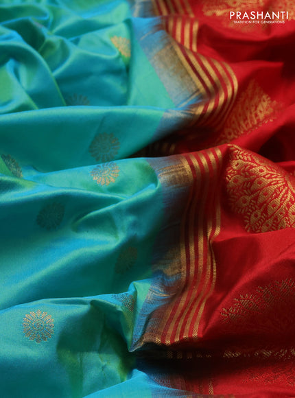 Pure paithani silk saree teal blue and red with allover zari woven buttas and paithani weaving pallu