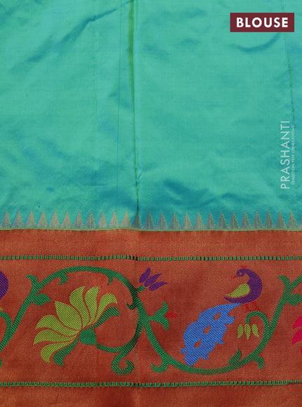 Pure paithani silk saree teal blue and red with allover zari woven buttas and paithani weaving pallu