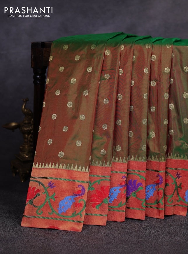 Pure paithani silk saree light green and red with allover zari woven buttas and paithani weaving pallu