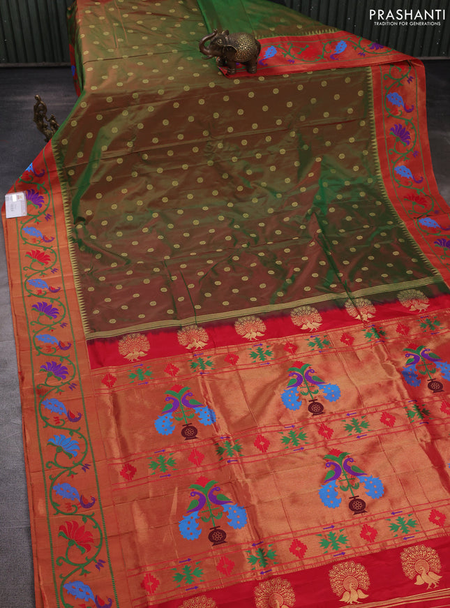 Pure paithani silk saree light green and red with allover zari woven buttas and paithani weaving pallu