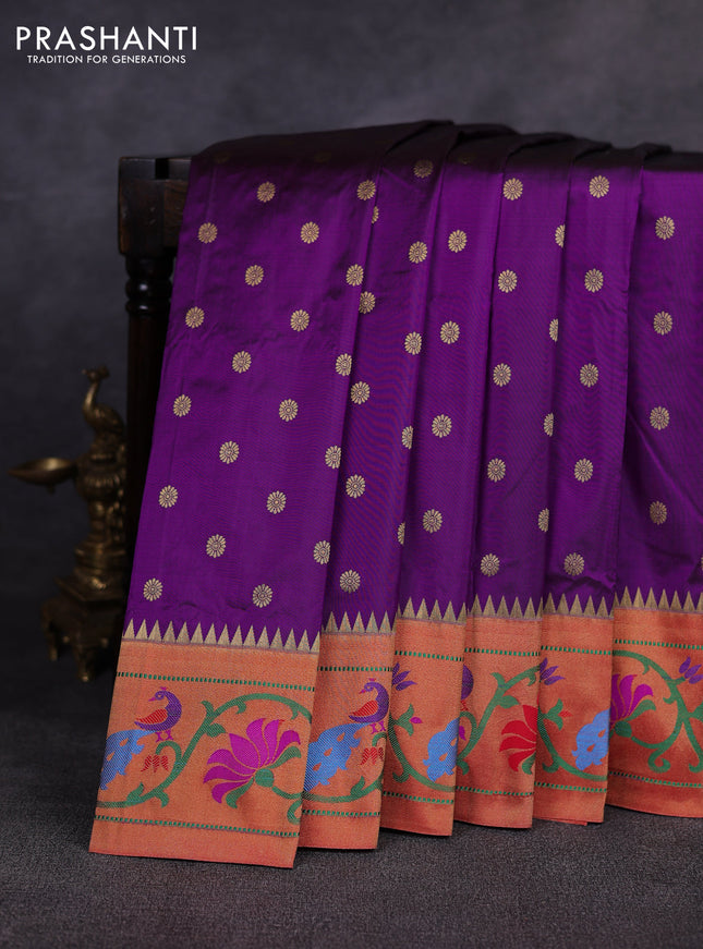 Pure paithani silk saree deep purple and red with allover zari woven buttas and paithani weaving pallu