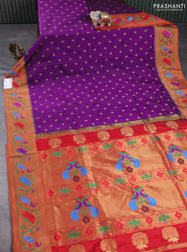 Pure paithani silk saree deep purple and red with allover zari woven buttas and paithani weaving pallu