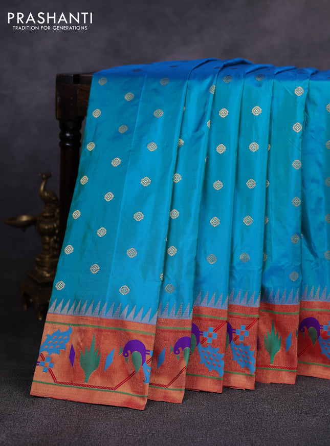 Pure paithani silk saree cs blue and red with allover zari woven buttas and paithani weaving pallu
