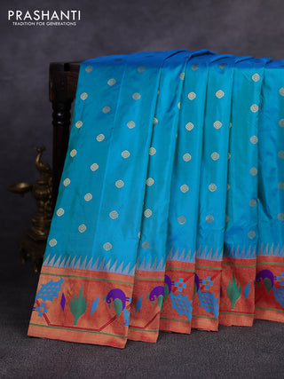 Pure paithani silk saree cs blue and red with allover zari woven buttas and paithani weaving pallu