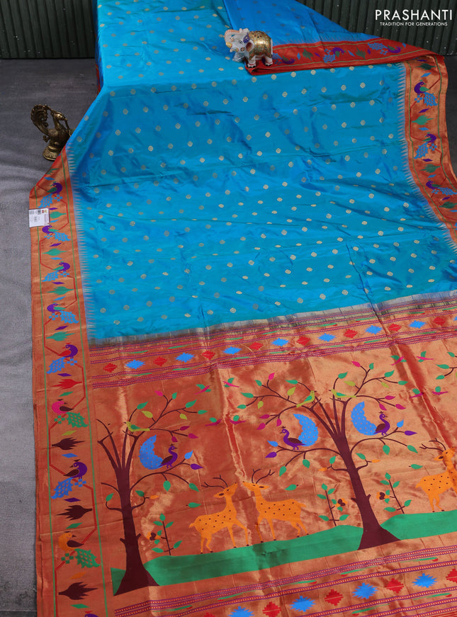 Pure paithani silk saree cs blue and red with allover zari woven buttas and paithani weaving pallu