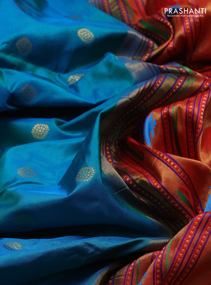 Pure paithani silk saree cs blue and red with allover zari woven buttas and paithani weaving pallu