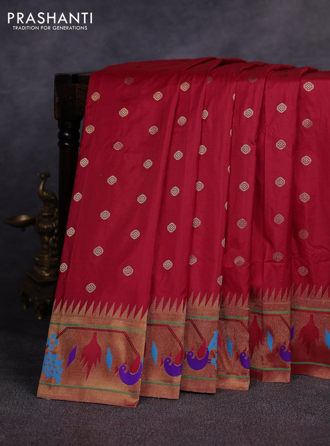 Pure paithani silk saree red with allover zari woven buttas and paithani weaving pallu