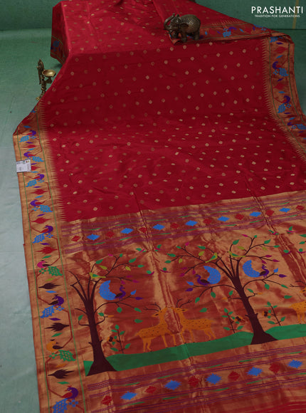 Pure paithani silk saree red with allover zari woven buttas and paithani weaving pallu