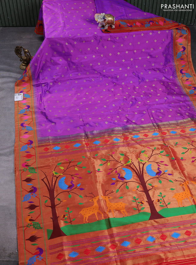 Pure paithani silk saree purple and red with allover zari woven buttas and paithani weaving pallu