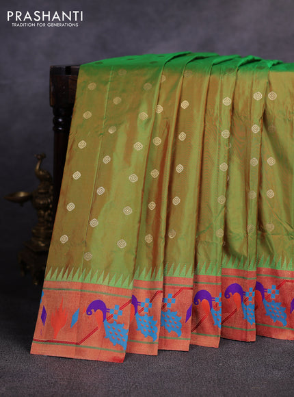 Pure paithani silk saree light green and red with allover zari woven buttas and paithani weaving pallu