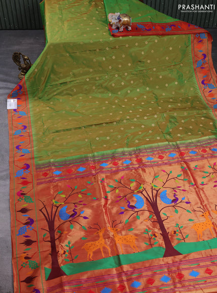 Pure paithani silk saree light green and red with allover zari woven buttas and paithani weaving pallu