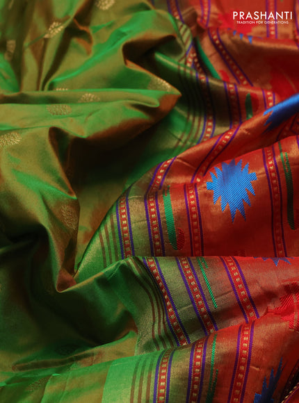 Pure paithani silk saree light green and red with allover zari woven buttas and paithani weaving pallu