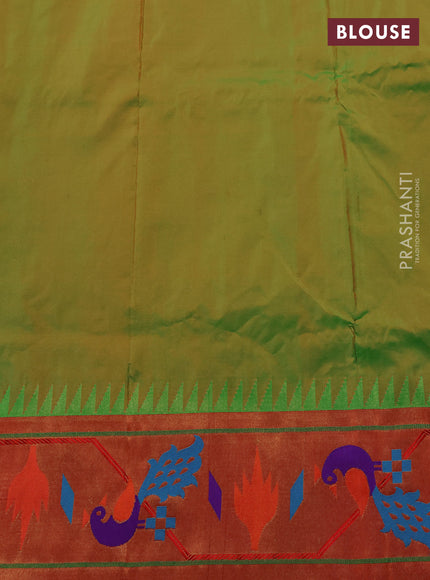 Pure paithani silk saree light green and red with allover zari woven buttas and paithani weaving pallu