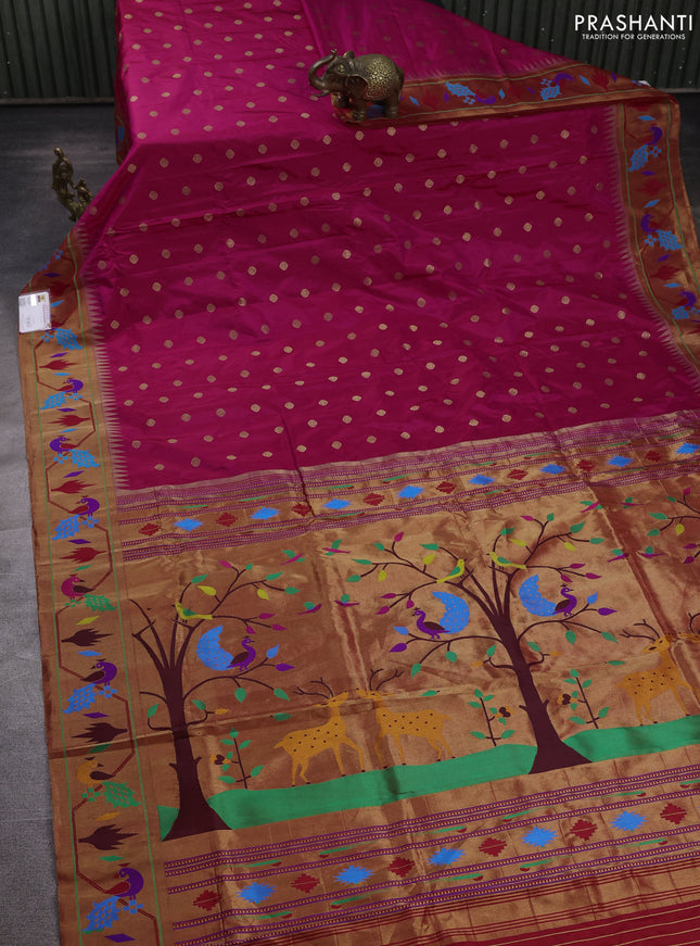 Pure paithani silk saree pink and red with allover zari woven buttas and paithani weaving pallu