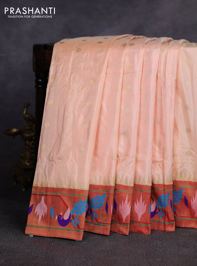 Pure paithani silk saree pale orange and red with allover zari woven buttas and paithani weaving pallu