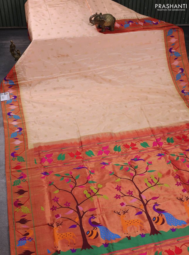 Pure paithani silk saree pale orange and red with allover zari woven buttas and paithani weaving pallu