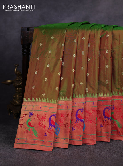 Pure paithani silk saree dual shade of green and red with allover zari woven buttas and paithani weaving pallu