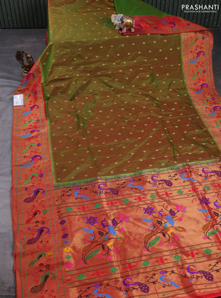 Pure paithani silk saree dual shade of green and red with allover zari woven buttas and paithani weaving pallu