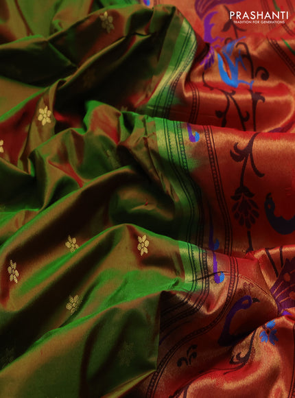 Pure paithani silk saree dual shade of green and red with allover zari woven buttas and paithani weaving pallu
