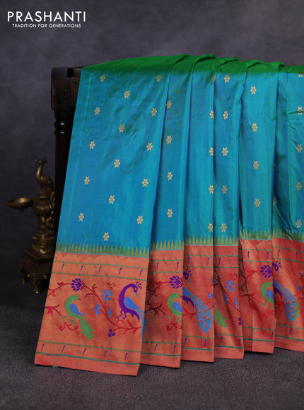 Pure paithani silk saree teal green and red with allover zari woven buttas and paithani weaving pallu