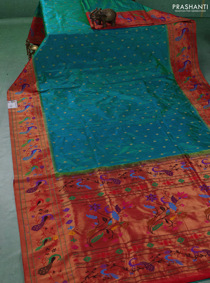 Pure paithani silk saree teal green and red with allover zari woven buttas and paithani weaving pallu