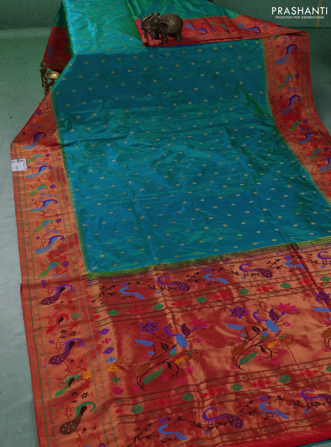 Pure paithani silk saree teal green and red with allover zari woven buttas and paithani weaving pallu