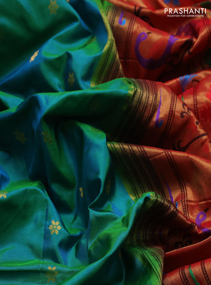 Pure paithani silk saree teal green and red with allover zari woven buttas and paithani weaving pallu