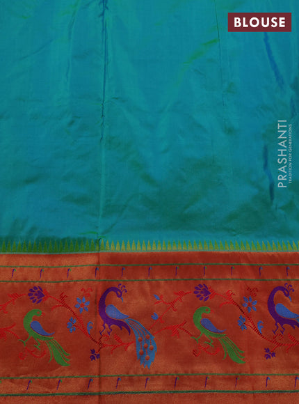 Pure paithani silk saree teal green and red with allover zari woven buttas and paithani weaving pallu