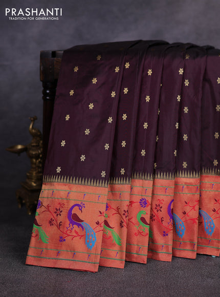 Pure paithani silk saree coffee brown and red with allover zari woven buttas and paithani weaving pallu