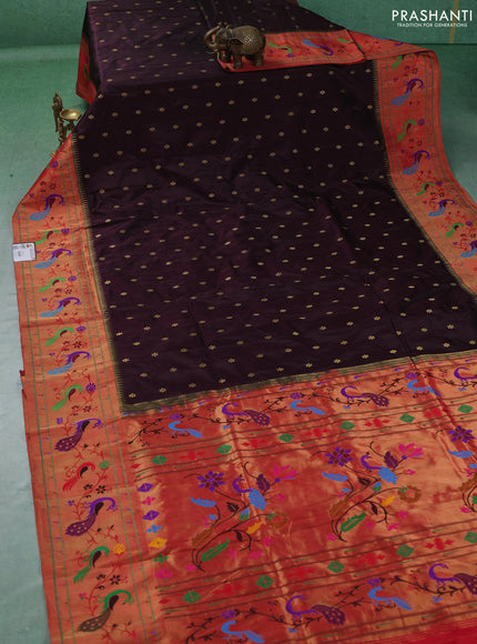 Pure paithani silk saree coffee brown and red with allover zari woven buttas and paithani weaving pallu