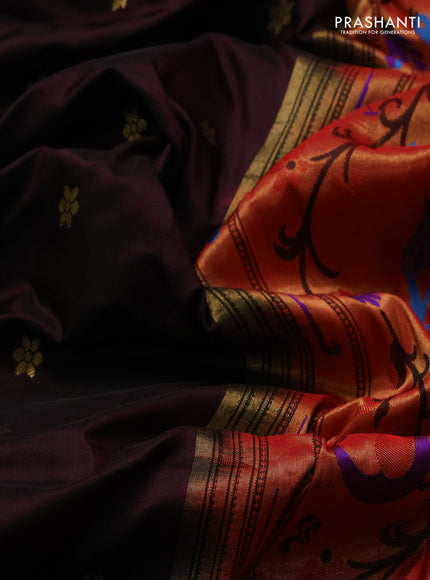 Pure paithani silk saree coffee brown and red with allover zari woven buttas and paithani weaving pallu