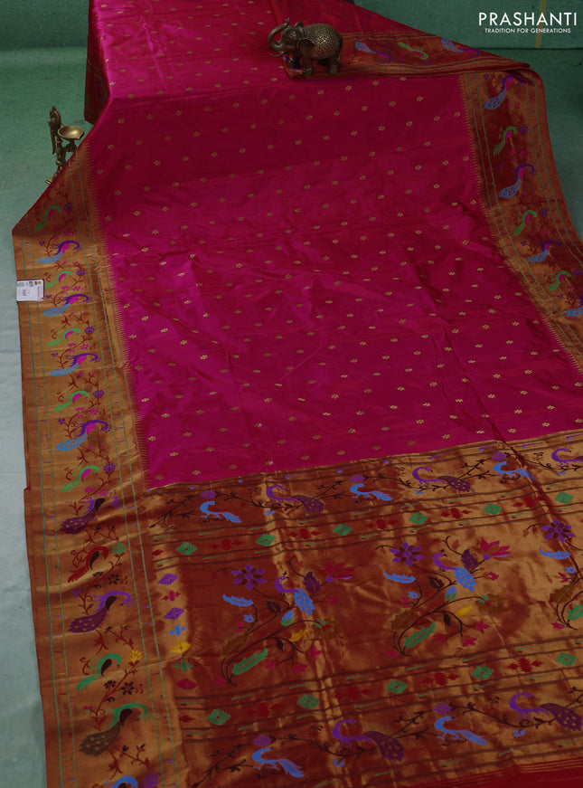 Pure paithani silk saree pink and red with allover zari woven buttas and paithani weaving pallu
