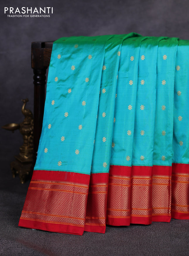 Pure paithani silk saree teal green and red with allover zari woven buttas and paithani weaving pallu