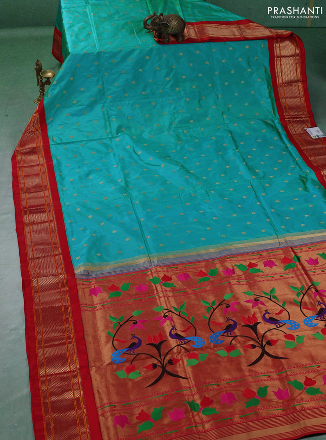 Pure paithani silk saree teal green and red with allover zari woven buttas and paithani weaving pallu