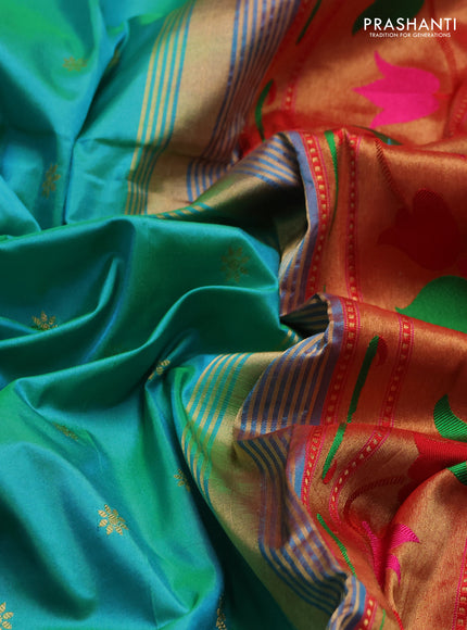 Pure paithani silk saree teal green and red with allover zari woven buttas and paithani weaving pallu