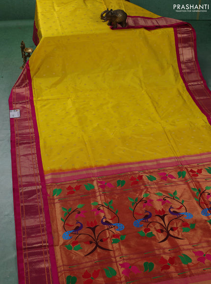 Pure paithani silk saree yellow and pink with allover zari woven buttas and paithani weaving pallu
